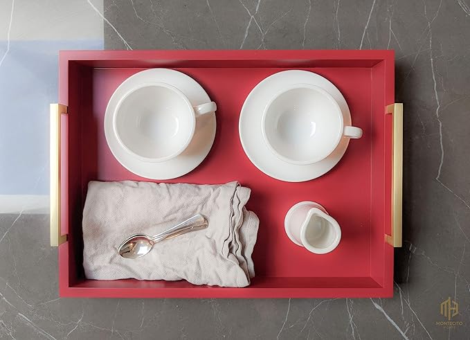 Decorative Coffee Table Tray - Ottoman Tray - Breakfast, Drinks, Liquor Serving Tray - from Farmhouse to Modern - Matte Finish - Champagne Gold Handles - Crimson Red