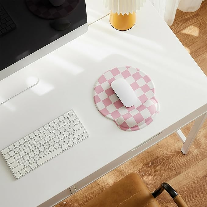 Pink Checkered Mouse Pad with Gel Wrist Rest, Wrist Support, Ergonomic Desk Accessories for Girls Women, Office Laptop Gaming Decor, Cute Aesthetic Trendy Check Design