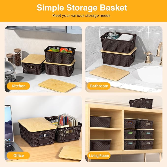 6 Pieces Brown Plastic Storage Baskets with Bamboo Lids with Labels Stackable Storage Containers for Organizing Shelves Drawers Desktop Closets Playroom Classroom Office