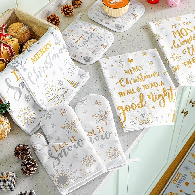 10 Pcs Christmas Kitchen Decor Set Kitchen Towels and Rugs Oven Mitts Pot Holders Absorbent Towels for Baking Cooking BBQ Gifts Home Decor(White and Gold,Understated)
