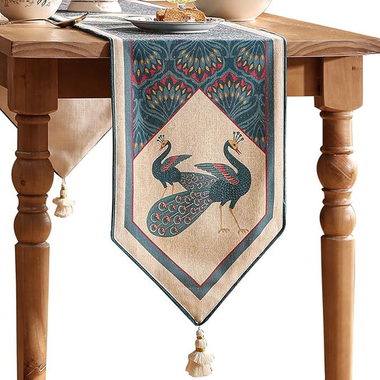 Vintage Blue Peacock Table Runner for Table,Decorative Linen 87 Inches Long Table Runners,Cheesecloth Decor Tabletop for Kitchen,Dining,Tea Party,Home,Christmas,12"*87"