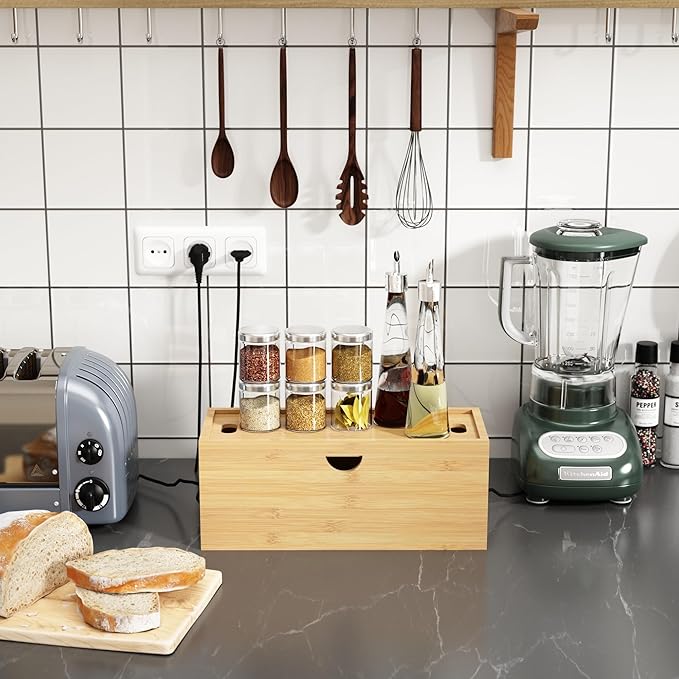 Bamboo Cable Management Box, Medium Cord Organizer Box Cable Box to Hide Wires & Power Strips for Desktop Storage Cord Holder for Office Home,No Assembley Required