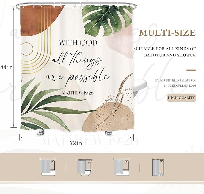 Glawry Boho Bible Verse Shower Curtain Extra Long Inspirational Scriptures Quotes Abstract Palm Leaf Bathroom Mid Century Christian 72Wx84L Inches Bath Accessories Art Home Decor Fabric 12 Pack Hook