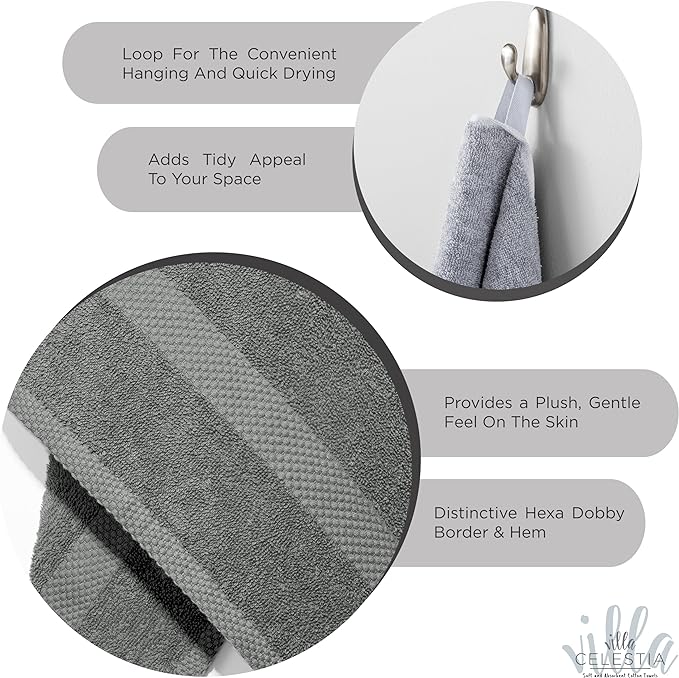 100% Combed Cotton Bathroom Towel Set of 10- 2 Bath Towels, 4 Hand Towels, 4 Wash Cloths, Sustainable, Soft, Highly Absorbent 10 Piece Cotton Bath Towel Set Ideal for Hotels, Spa, Bathroom, Dorm, Grey