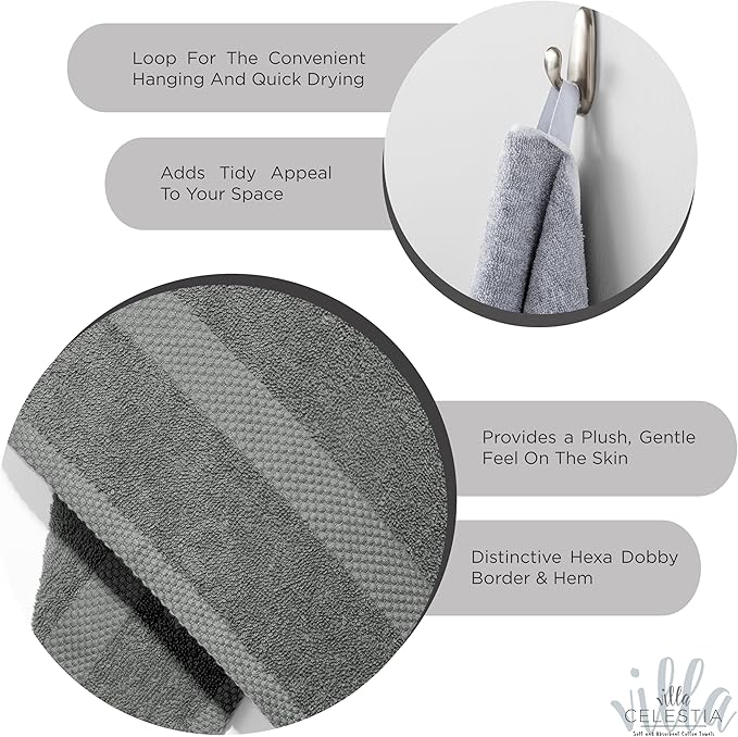 100% Cotton Bath Towel Set of 24-6 Bath Towels, 6 Hand Towels, 12 Wash Cloths, Sustainable, Soft, Highly Absorbent, Combed Cotton 24 Piece Set for Hotels, Spa, Bathroom, Dorm, Grey