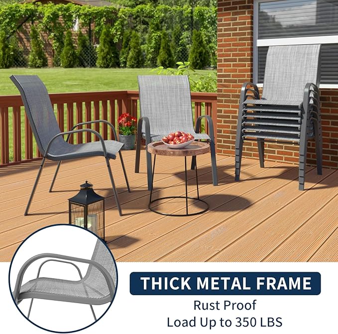 Amopatio Patio Chairs Set of 8, Outdoor Stackable Dining Chairs for All Weather, Dark Grey, Breathable Garden Outdoor Furniture for Backyard Deck