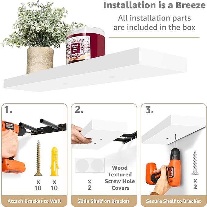 Sorbus Floating Shelves for Wall - 24" Bathroom Shelves, Wall Decor for Bedroom, Kitchen, Living Room, Home Decor & Book Storage - Mounted Floating Shelf with Invisible Brackets (White, 2 Pack)