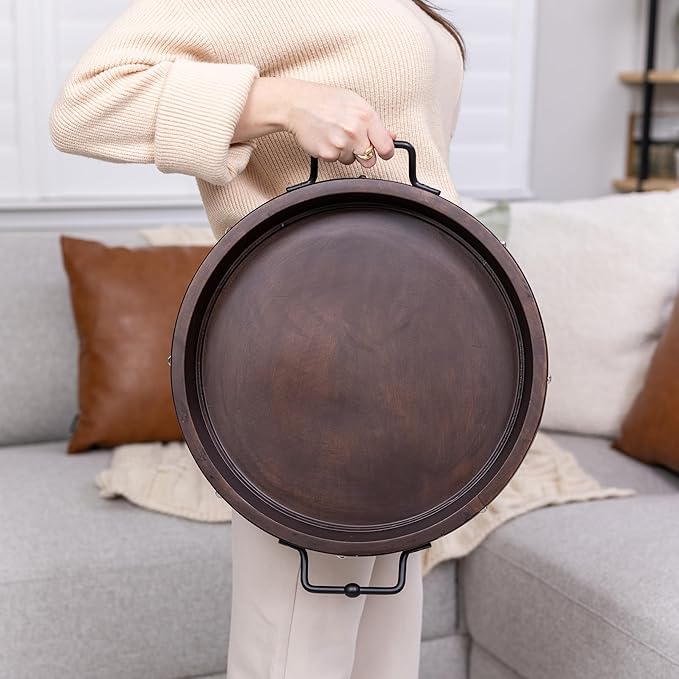 16" Large Round Ottoman Tray, Heavy Duty Mango Wood, for Serving Tea, Breakfast in Bed, Living Room Large Coffee Table Tray Rustic with Farmhouse Style, Decorative Handles and Accent Strap