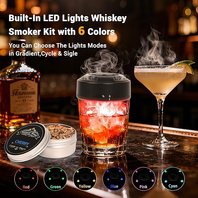 Electric Whiskey Smoker Kit with LED Lights Old Fashioned Drink Smoker Kit 6 Wood Chips 4 Ice Stone Cocktail Smoker Kit No Butane Needed Bourbon Whiskey Gifts for Men Dad Husband