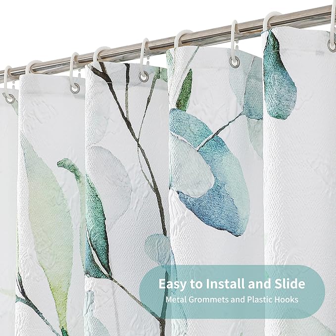 QiyI Eucalyptus Shower Curtain, 3D Embossed Butterflies Bathroom Curtain, Watercolor Green Blue Leaves Minimalist Cloth Bath Curtain, Waterproof Fabric Greenery Shower Curtain Set with Hooks, 72x72