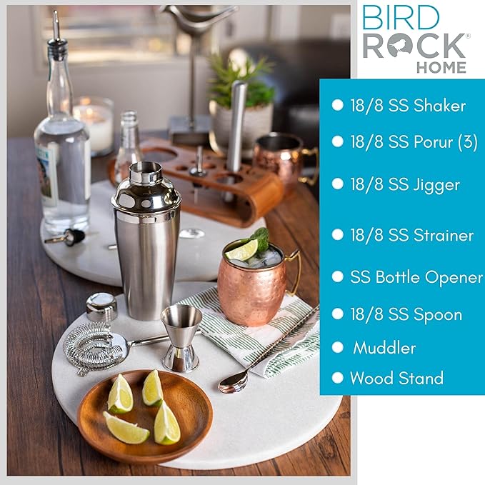 BIRDROCK HOME 10 Piece Professional Bartender Cocktail Mixing Set with Acacia Wood Stand | Stainless Steel Bar Tools for Home | Gift for Him | Includes Shaker, Muddler, Strainers, Jigger, and Spoon