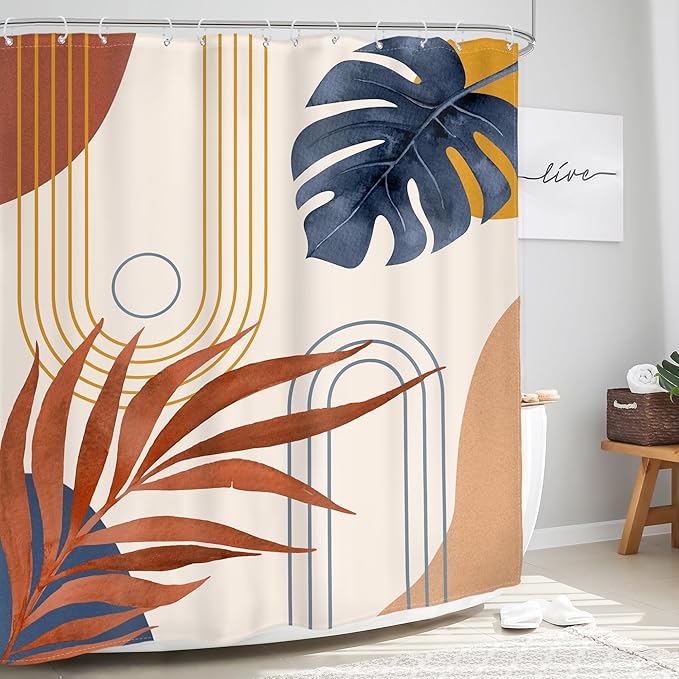 Glawry Abstract Tropical Shower Curtain Watercolor Navy Blue Brown Boho Palm Leaf Simple Minimalist Chic Bathroom Modern Botanical 60Wx72L Inches Bath Accessories Art Home Decor Fabric 12 Pack Hooks