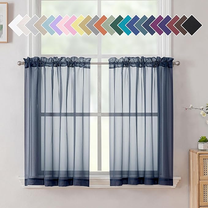 Aiyufneg Navy Blue Sheer Curtains 36 inches Long, Short Kitchen Window Treatment Solid Sheers Cafe Curtains Bathroom Voile Half Window Curtains 2 Panels, Rod Pocket, 40" Wx36 L