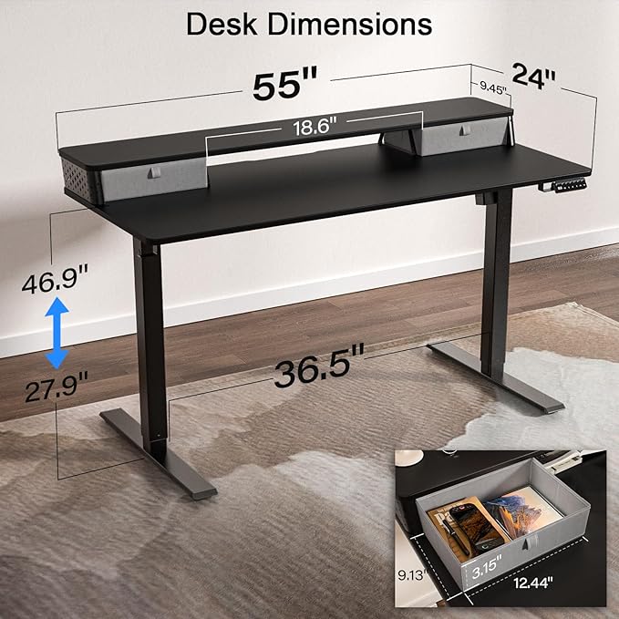55 x 24 Inch Standing Desk with 2 Drawers, Easily Assembled Height Adjustable Desk, Ergonomic Sit to Stand Electric Desk for Home Office Workstation, Classic Black