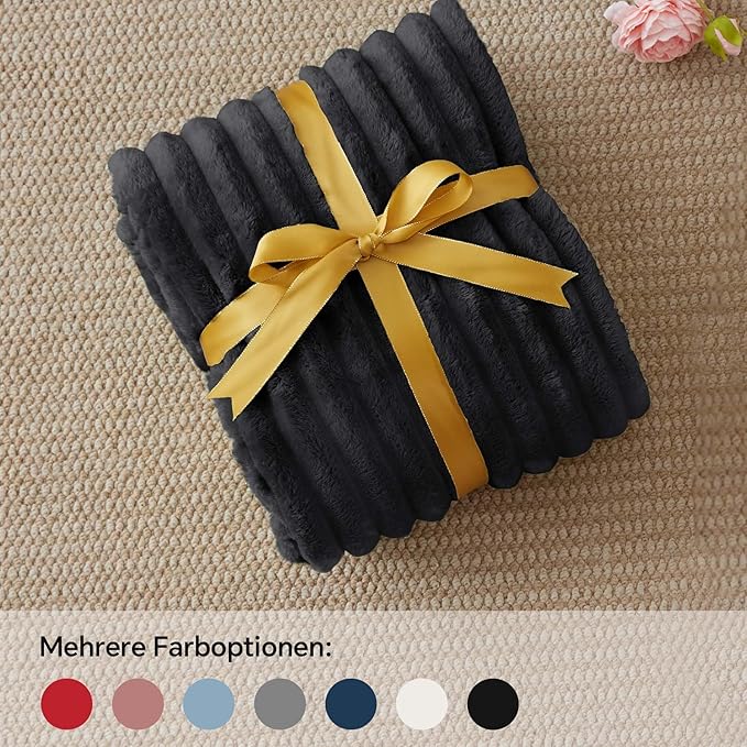 BEDELITE Fleece Throw Blanket for Couch - 300GSM Soft & Warm Fluffy Black Blanket, Decorative and Giftable Striped Blankets for Women, Men, 50"x70"