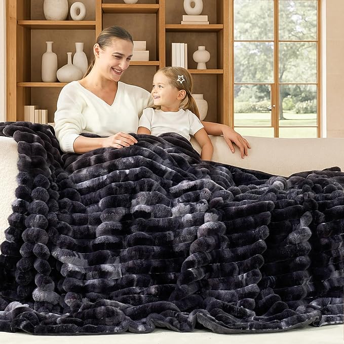 Cozy Bliss Faux Fur Throw Blanket for Couch, Cozy Warm Plush Striped Blanket for Sofa Bedroom Living Room, 90 * 90 Inches Tie-dye Black