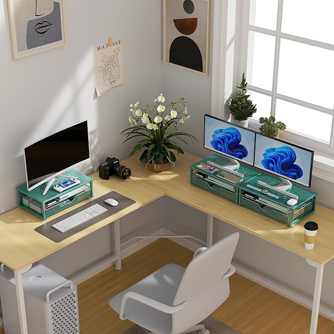 gianotter Computer Monitor Stand Riser, office organizer with Drawer, Office Organizers Storage for Classroom Office Supplies (Dark Green)