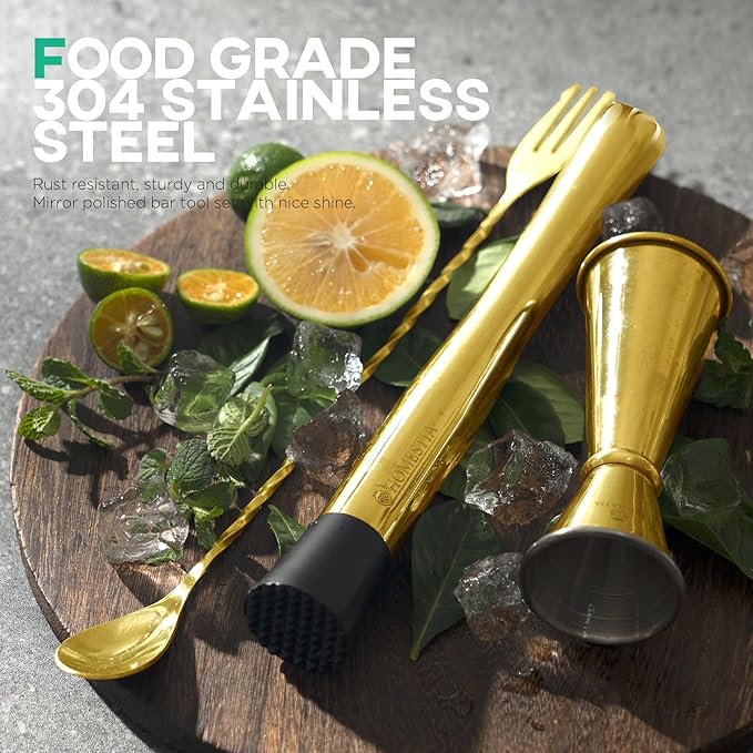 Homestia Muddler for Cocktails Set, 304 Stainless Steel 10" Bar Muddler &12" Cocktail Spoon & Double Jigger, 3 PCS Cocktail Set for Margaritas, Mojitos and Fruit Drinks Bar Tool Set (Gold)