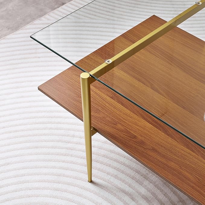 X-Large Rectangle Glass Coffee Table, Mid-Century Modern Design, for Living Room, L47 x W24 x H17 Inch, Clear Glass Top and Walnut MDF Shelf, Sleek Conical Legs with Gold Finish Frame