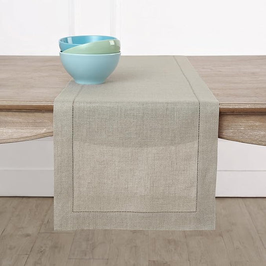Solino Home Linen Natural Table Runner 90 Inches Long - 100% Pure Linen Hemstitch 14 x 90 Inch Table Runner for Dining, Fall, Autumn, Thanksgiving, Christmas - Classic Hemstitch