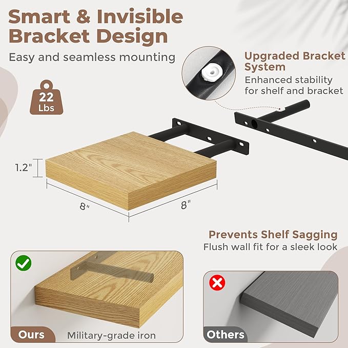 Floating Shelves for Wall with Invisible Brackets, Wall Mounted Engineered Wood Shelves with Wood Grain for Living Room, Bedroom, Bathroom, Kitchen Decor and Storage, Oak, 8"L Set of 3, Oak