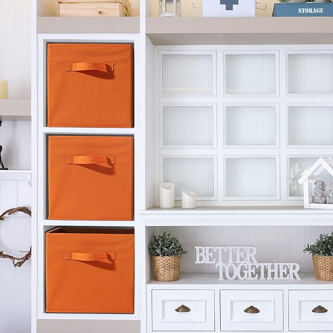 Sorbus Foldable Storage Cubes - 6 Fabric Baskets for Organizing Pantry, Shelf, Toy Box, Cubby, Closet - 11 Inch Collapsible Closet Organizers and Storage Bins with Handle (Orange)