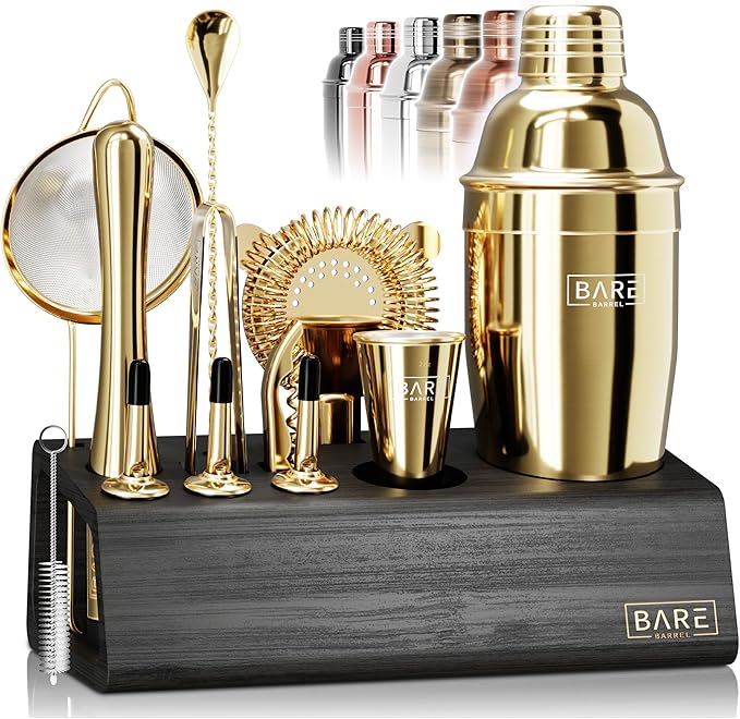 BARE BARREL® Mixology Bartender Kit Bar Set | 14-Piece Cocktail Shaker Set | Martini Barware Mixing Tools for Home Bartending | Incl. 35 Recipe Cards | Gift Set (24oz Cobbler Shaker, Gold/Black)