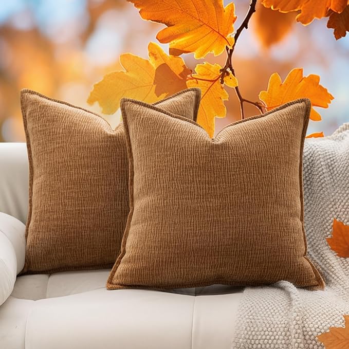 DWR Decorative Fall Throw Pillow Covers Set of 2, 18x18 Crinkled Chenille Textured Cushion Covers for Couch, Sofa or Bed, Modern Rustic Home Accent in Muted Pumpkin Color