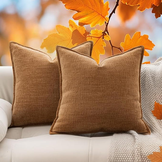 DWR Decorative Fall Throw Pillow Covers Set of 2, 18x18 Crinkled Chenille Textured Cushion Covers for Couch, Sofa or Bed, Modern Rustic Home Accent in Muted Pumpkin Color