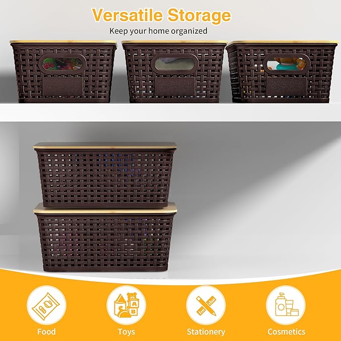 6 Pieces Brown Plastic Storage Baskets with Bamboo Lids with Labels Stackable Storage Containers for Organizing Shelves Drawers Desktop Closets Playroom Classroom Office