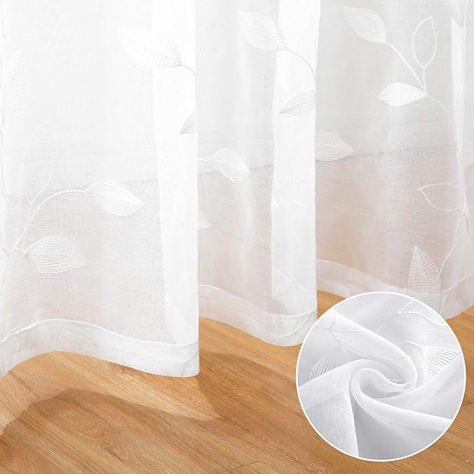 HOMEIDEAS White Sheer Kitchen Curtains 52 x 54 Inch Length 2 Panels Embroidered Leaf Pattern Short Curtains for Bedroom Half Small Window Rod Pocket Tiers