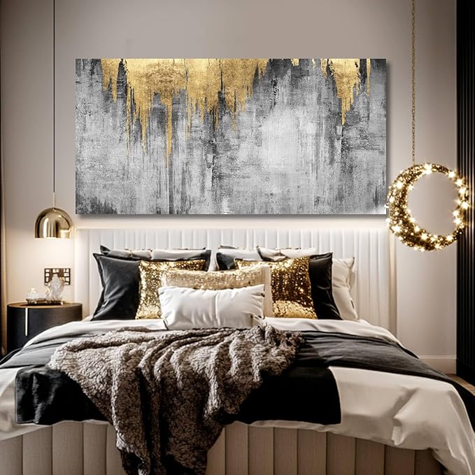 Abstract Wall Art for Living Room Canvas Wall Decor Gold Wall Decorations Grey Wall Paintings Large Pictures Artwork for Office 29"x58"