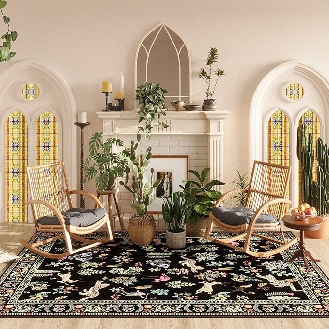 Rugcomf Living Room Rug 5x7 Rug Machine Washable Boho Area Rug Non Slip Floral Animal Vintage Low Pile Large Rugs for Living Room, Bedroom, Farmhouse, Dining Room, Kids Playroom (Black)