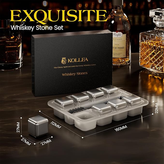 Kollea Fathers Day Whiskey Stones, 8 Packs Stainless Steel Whiskey Chilling Rocks, Reusable Ice Cube for Drinking, Cool Birthday Gift for Men Dad, Boyfriend, Beer Lover, Bourbon, Scotch, Gin, Beverage