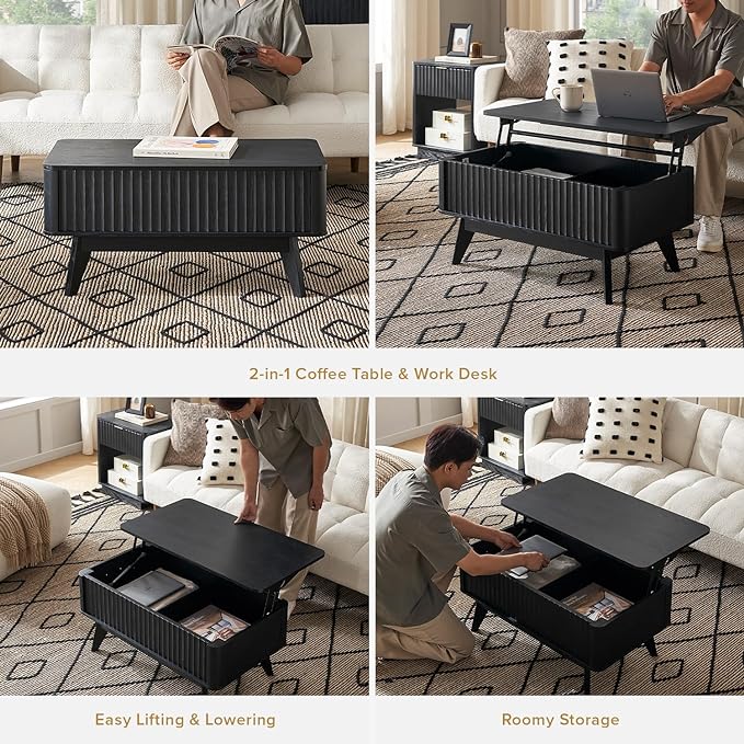mopio Brooklyn Lift Top Coffee Table for Living Room, Mid Century, Modern Farmhouse with Lifting Tabletop & Hidden Storage, Fluted Panel, Rising Pull Up Dining Table (Black Oak)