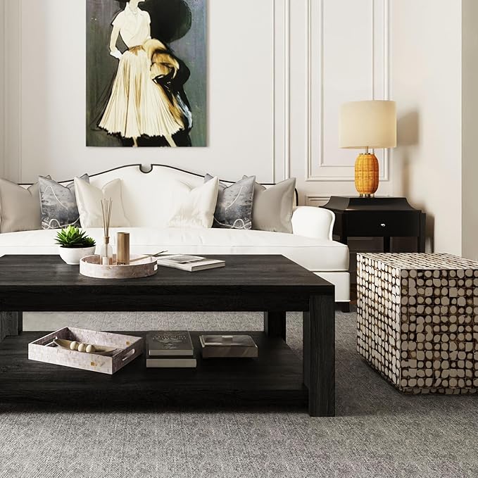 PEMAR 12.6” Mother of Pearl Round Serving Tray with Handles, Decorative Nacred Wooden Ottoman Coffee Table Tray (White Tiles)