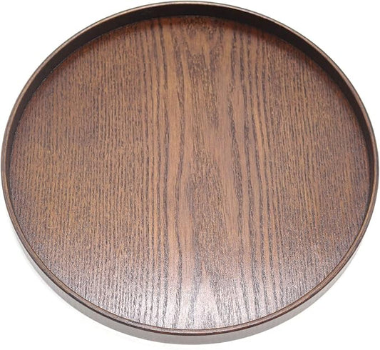 NC Solid Wood Serving Tray, Round Non-Slip Tea Coffee Snack Plate Food Meals Serving Tray with Raised Edges for Home Kitchen Restaurant (8.2inch, Brown)