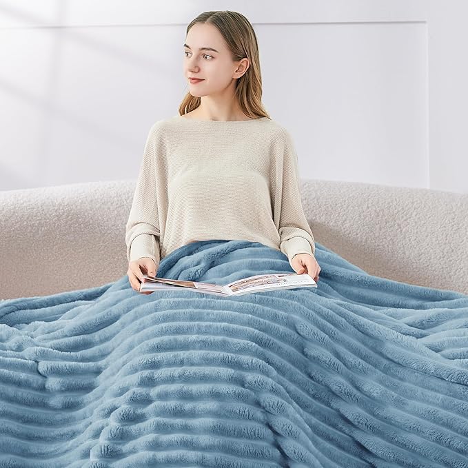 BEDELITE Fleece Throw Blanket for Couch - 300GSM Soft & Warm Fluffy Light Blue Blanket, Decorative and Giftable Striped Blankets for Women, Men, 50"x60"