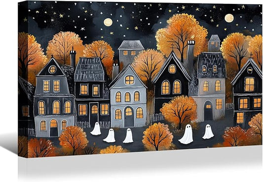 BANHUA1 Halloween Village Scene Canvas Wall Art, Ghosts And Autumn Foliage Print, Dark Academia Wall Decor for Home, Living Room, 16 x 12 Inch