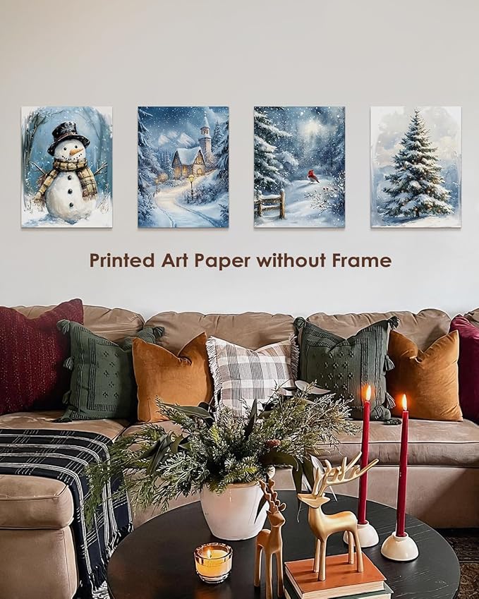 Wheatwin Winter Wonderland Vintage Christmas Wall Art Prints Set of 4, Blue Christmas Tree Snowman Wall Decor, Winter Xmas Decor for Bathroom Home Bedroom Living Room, 12x16 (Unframed)