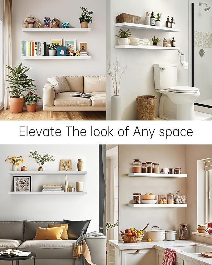 BAYKA Floating Shelves, 48 inch Wall Mounted Rustic Wood Shelves for Bathroom, Bedroom, Living Room, Kitchen, Office, Hanging Shelf for Books/Storage/Decor(White,Set of 2)