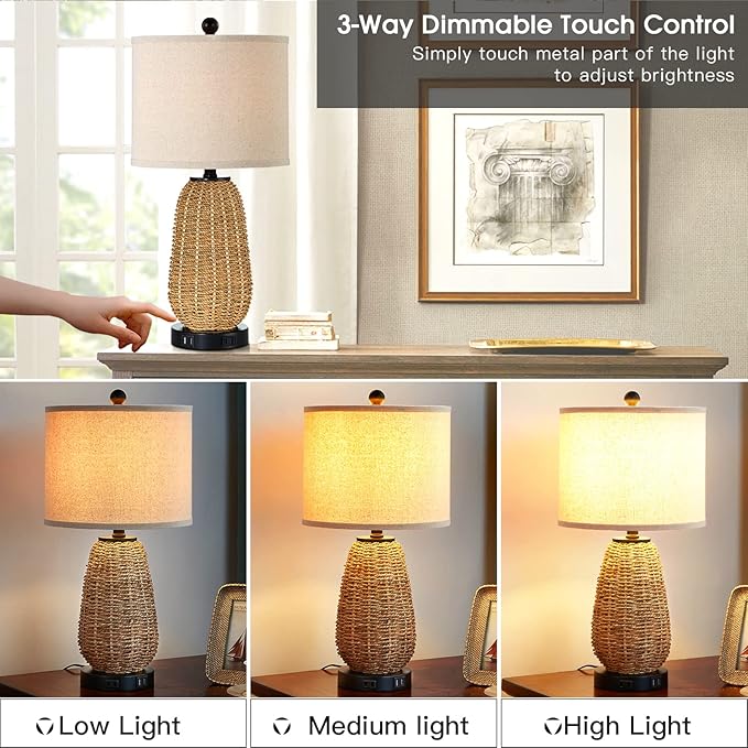 Touch Control Rattan Table Lamps, 3 Way Dimmable Bedside Lamps for Bedroom Set of 2 with 2 USB Ports and AC Outlet, Grass Rope Nightstand Lamps for Living Room Office (2 LED Bulbs Included)