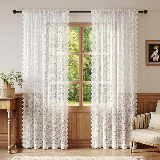 White Lace Sheer Curtains – Vintage Floral Lace for Living Room/Bedroom, Light Filtering Rod Pocket Window Drapes Privacy Chic Window Treatments Scalloped Edge, 52W x 108L Inch, 2-Panel Set