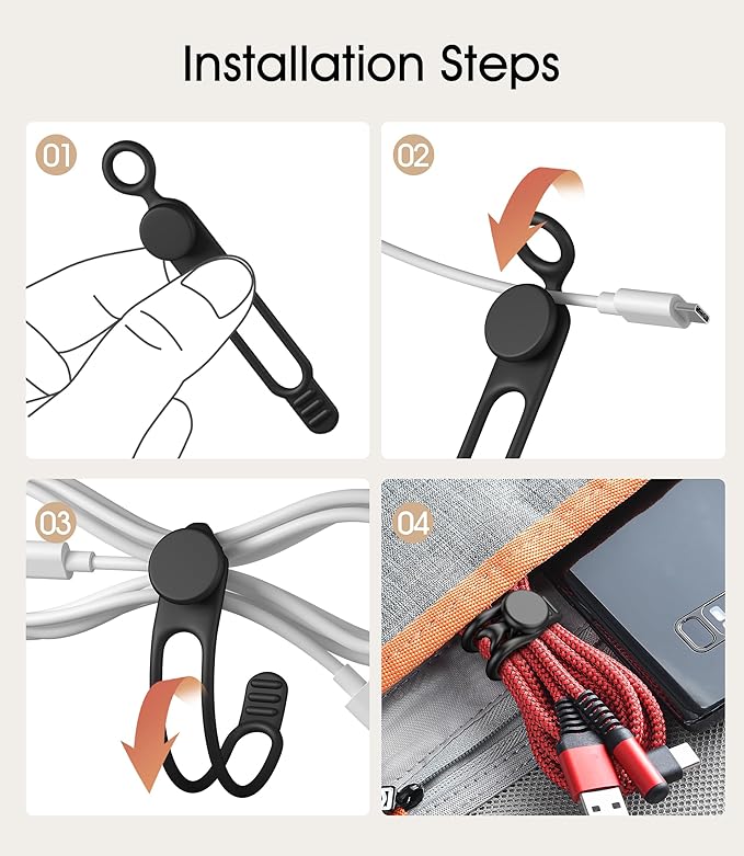 20Pcs Nearockle Silicone Cable Ties 3Inch Cord Organizer, Reusable Small Zip Ties Cable Organizer for Charging Cords Earphone Computer Wire, Office Desk Cable Management Travel Accessories(Black)