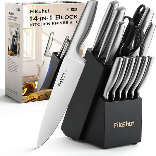 Kitchen Knife Set, FIKSHOT Premium Stainless Steel Knife Block Set, Razor-Sharp Santoku Knife and Fruit Knives, Gift for Homecooks, Rust-Proof, Designed for Women