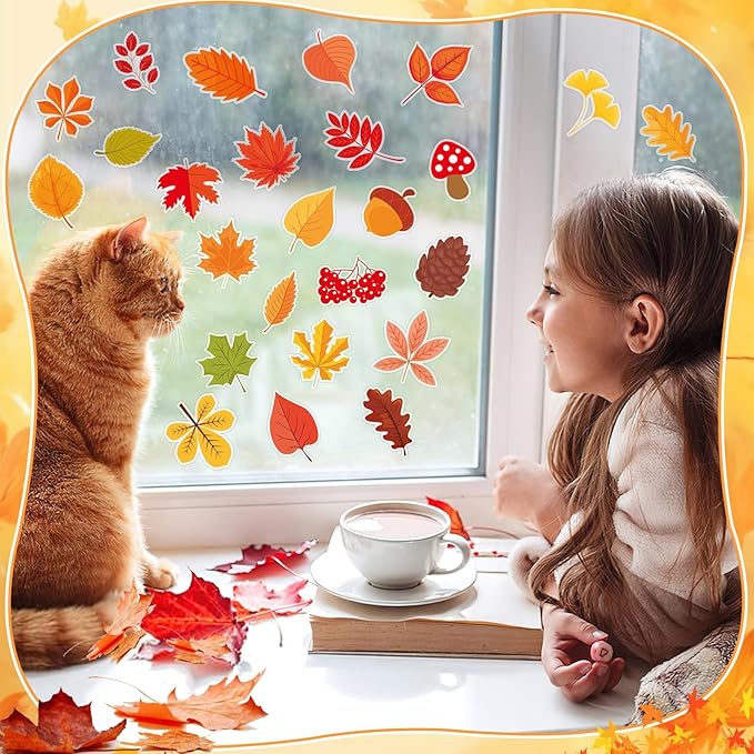 MARFOREVER 50 PCS Fall Gel Window Clings Stickers Reusable Autumn Maple Leaves Thick Gel Clings Decals for Kids Classroom Toddlers Home Thanksgiving Party Supplies Window Glass Decorations