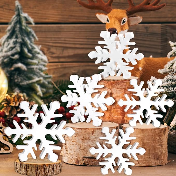 5Pcs Snowflake Christmas Table Decorations, White Distressed Wooden Snowflakes Tabletop Christmas Centerpieces Winter Farmhouse Tiered Tray Decor for Xmas Holiday Party Supplies Home Mantel Decor