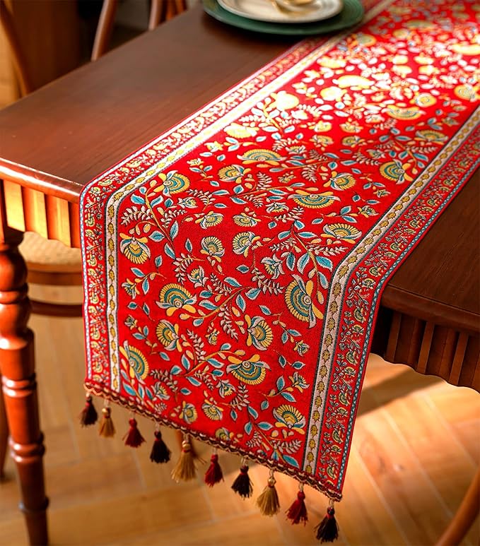 13×72 Inch Table Runner, Retro-Luxury Tassels Series for Kitchen Dining Table Holiday Decoration (Red Branch)