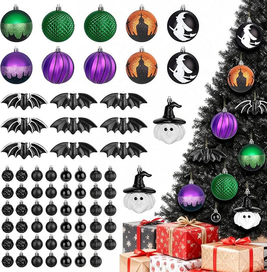 68pcs Halloween Ornaments for Small Tree,Shatterproof Halloween Christmas Tree Decorations Hanging Ball Ornaments Set with Bat and Witch Decor for Party Indoor Home Decor