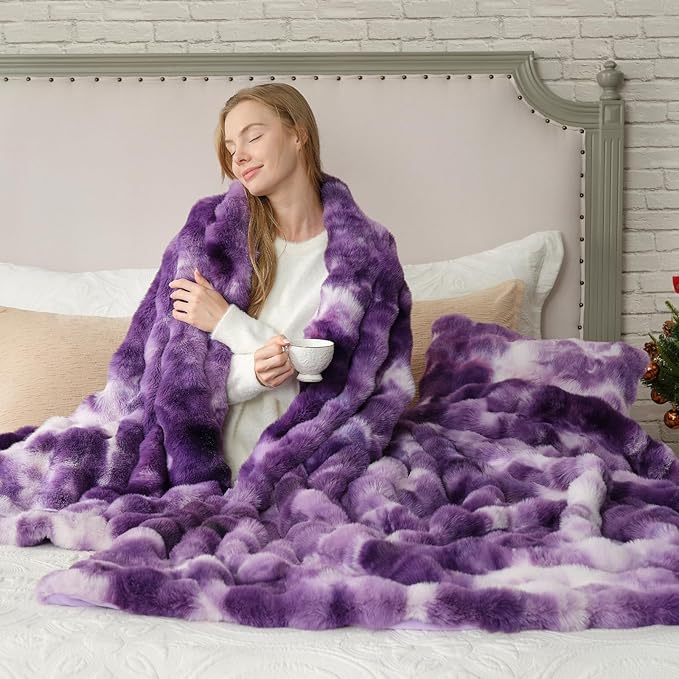 Cozy Bliss Faux Fur Throw Blanket for Couch, Bubble Plush Blanket King Size, Fuzzy Soft & Thick Blanket for Bed Sofa Living Room, 108x90 Inches Tie-dye Purple
